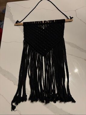 Black Macrame Wall Hanging with Wooden Dowel